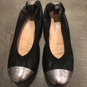 Chanel black and silver ballet flat shoes